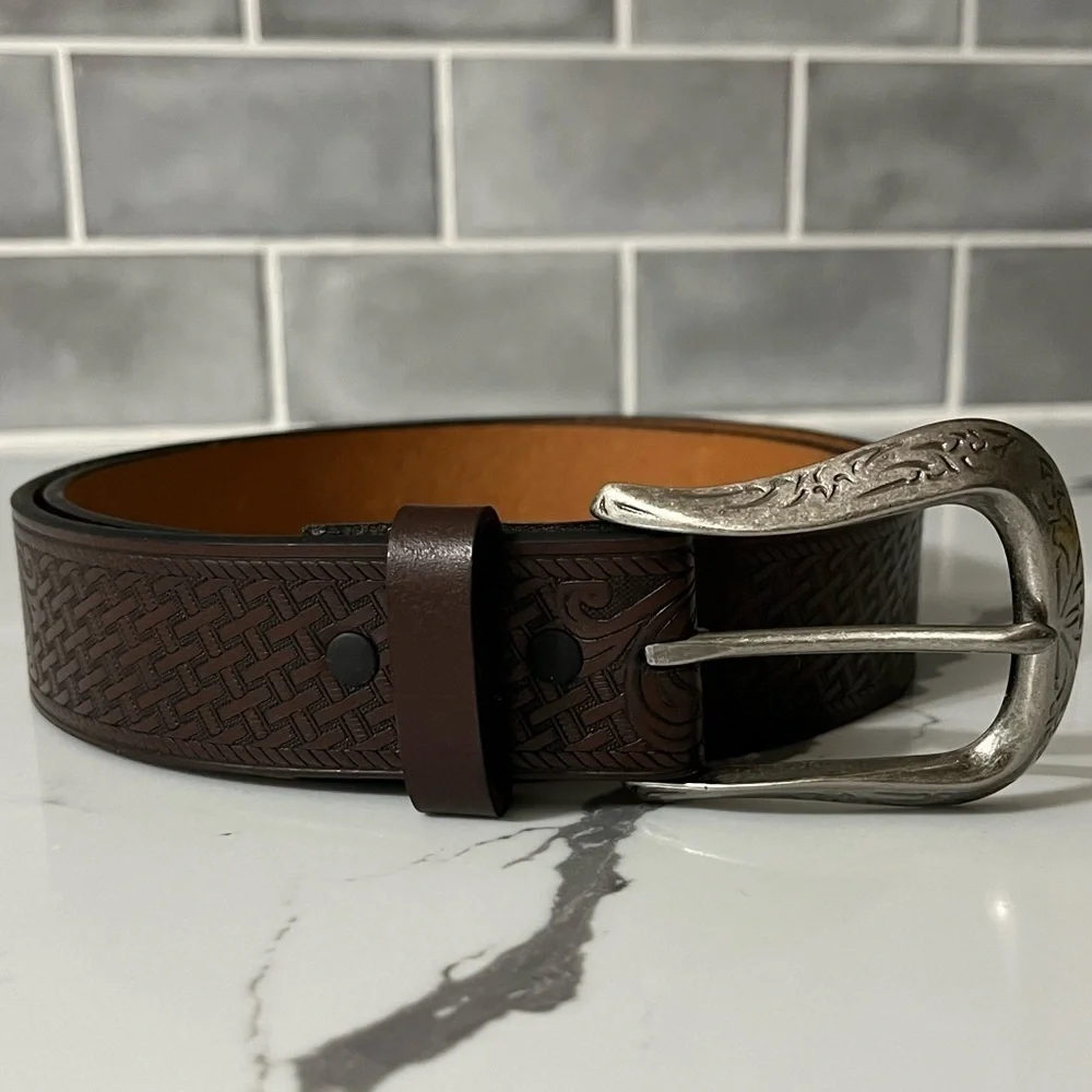Genuine Leather Tooled Dark Brown Western Belt Deer in Forest Silver Tone Buckle